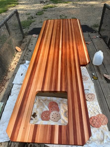 Custom butcher block countertop being finished