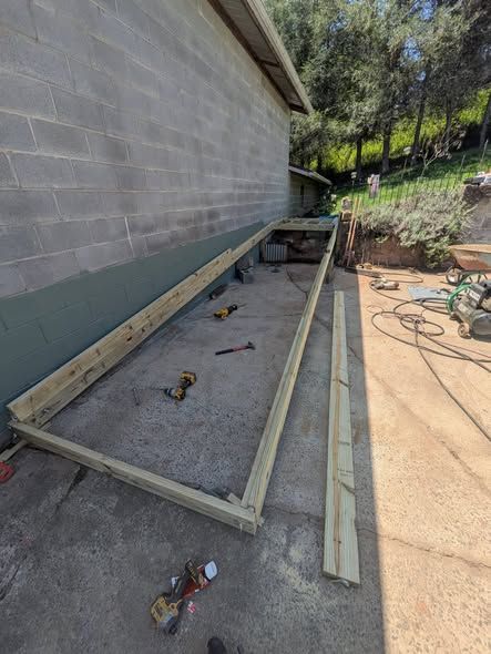 Ramp framing laid out along a block wall